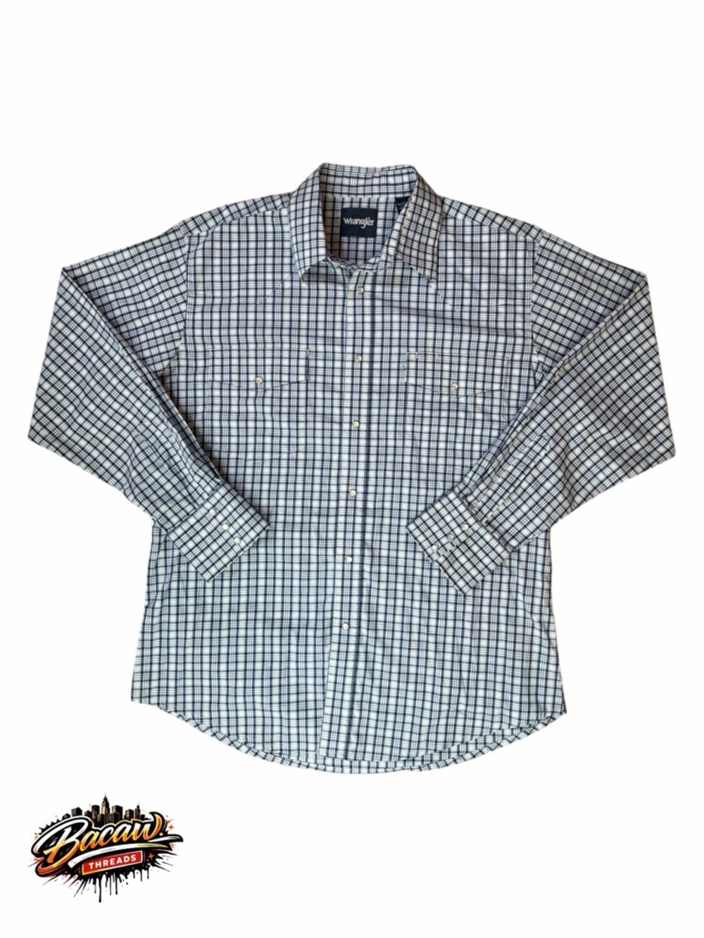Wrangler Pearl Snap Men's Blue/White Plaid Long-Sleeve Button-Up Shirt